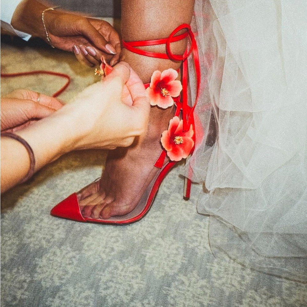 Pointed de Fleur Ankle Tie Pointed Toe Pump Heel Sandals